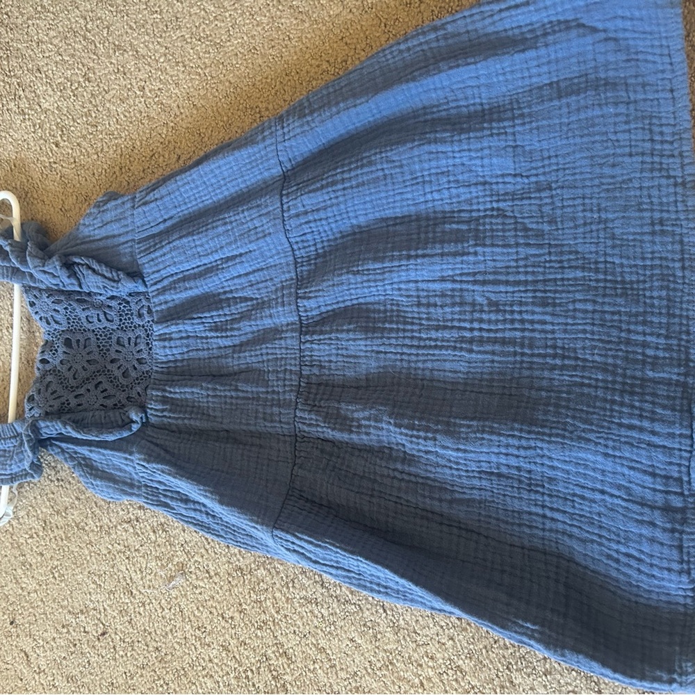 Girls Blue Sleeveless Dress with Lace Detail
